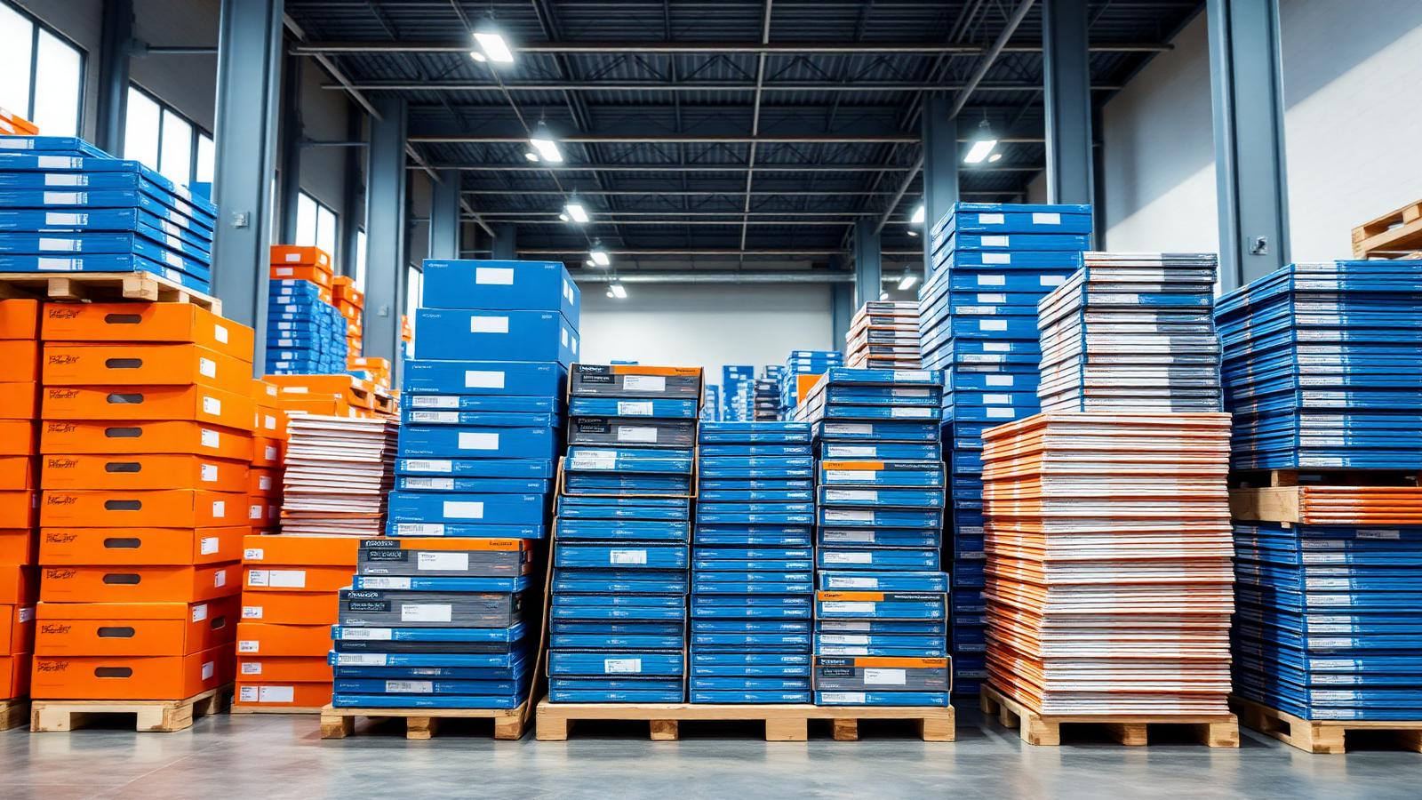 Bulk stationery cartons stacked in a warehouse