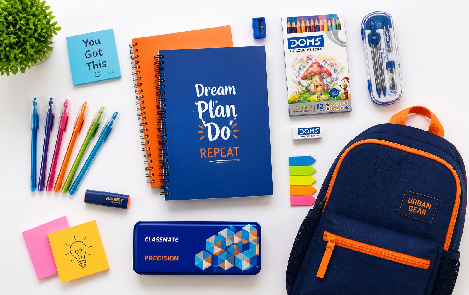 Colourful stationery flat lay with notebooks, pens, colour pencils and a school bag